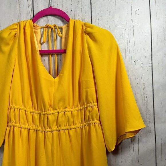 Trina Turk Yellow Empire Waist Midi Dress V Neck Balloon Sleeve Size 6 Retro - Picture 4 of 16